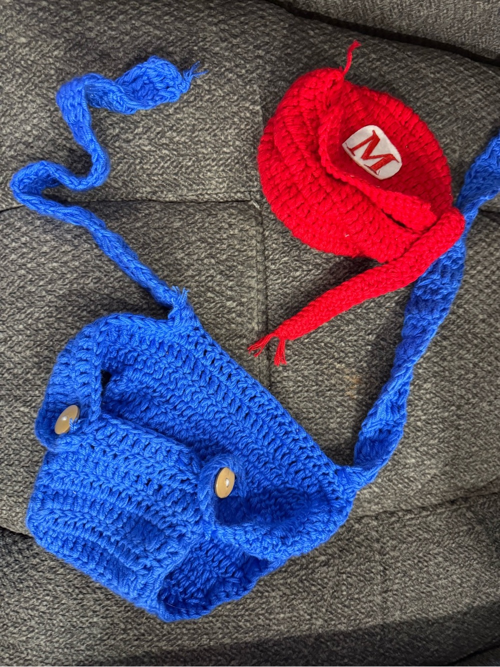 Handmade Kids Crochet Blue Crossbody Bag with Red Crochet Hat